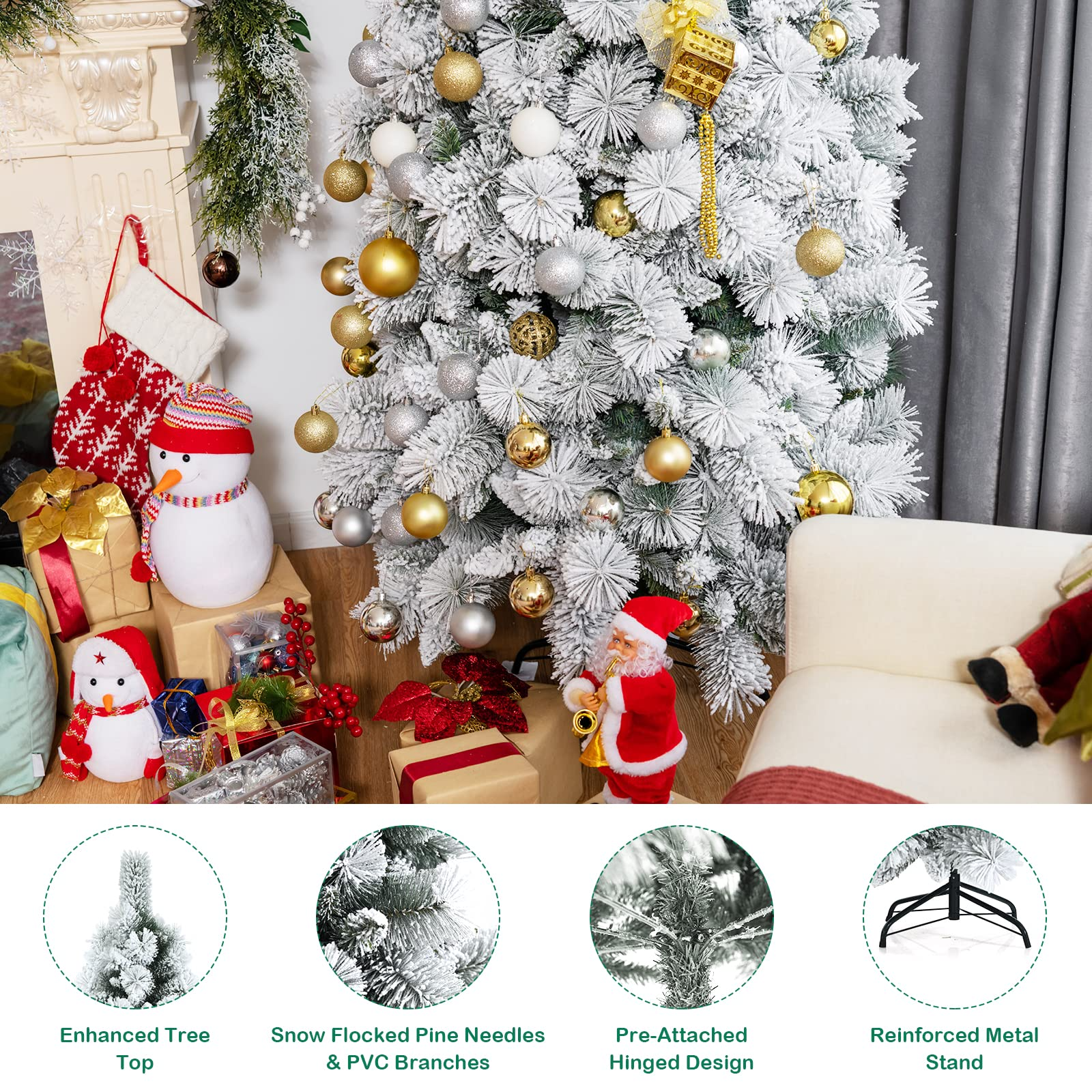 Goplus 5ft Artificial Snow Flocked Christmas Tree, Unlit White Pencil Hinged Xmas Tree W/ Metal Stand