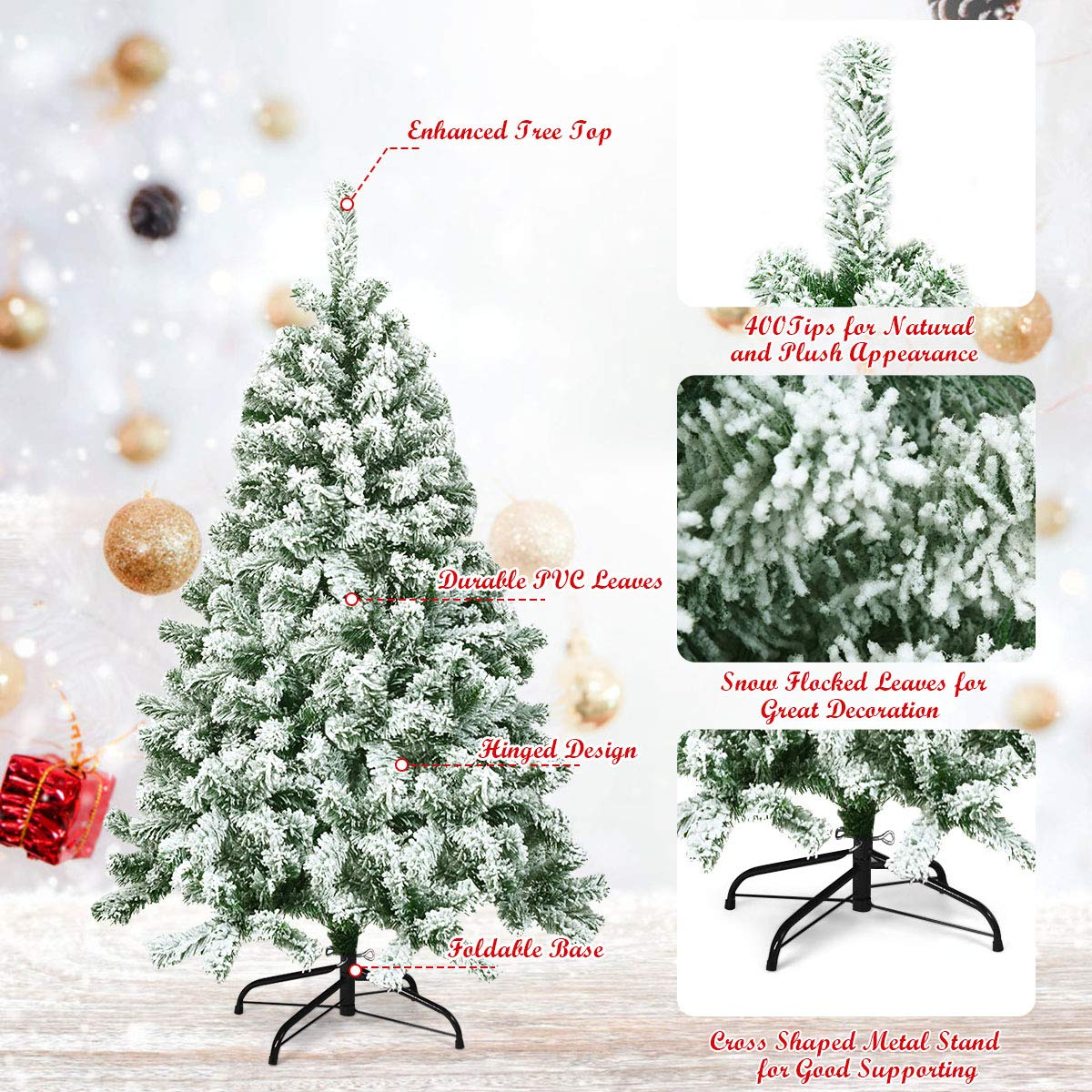 Goplus 4.5FT Snow Flocked Christmas Tree, Artificial Hinged Pine Tree with Premium PVC Needles & Solid Foldable Metal Stand