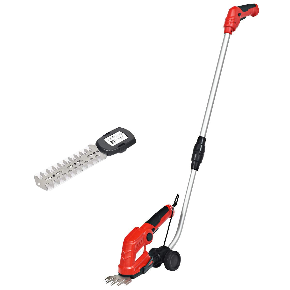 7.2V Cordless Grass Shear + Hedge Trimmer w/Wheeled Extension Pole and Rechargeable Battery