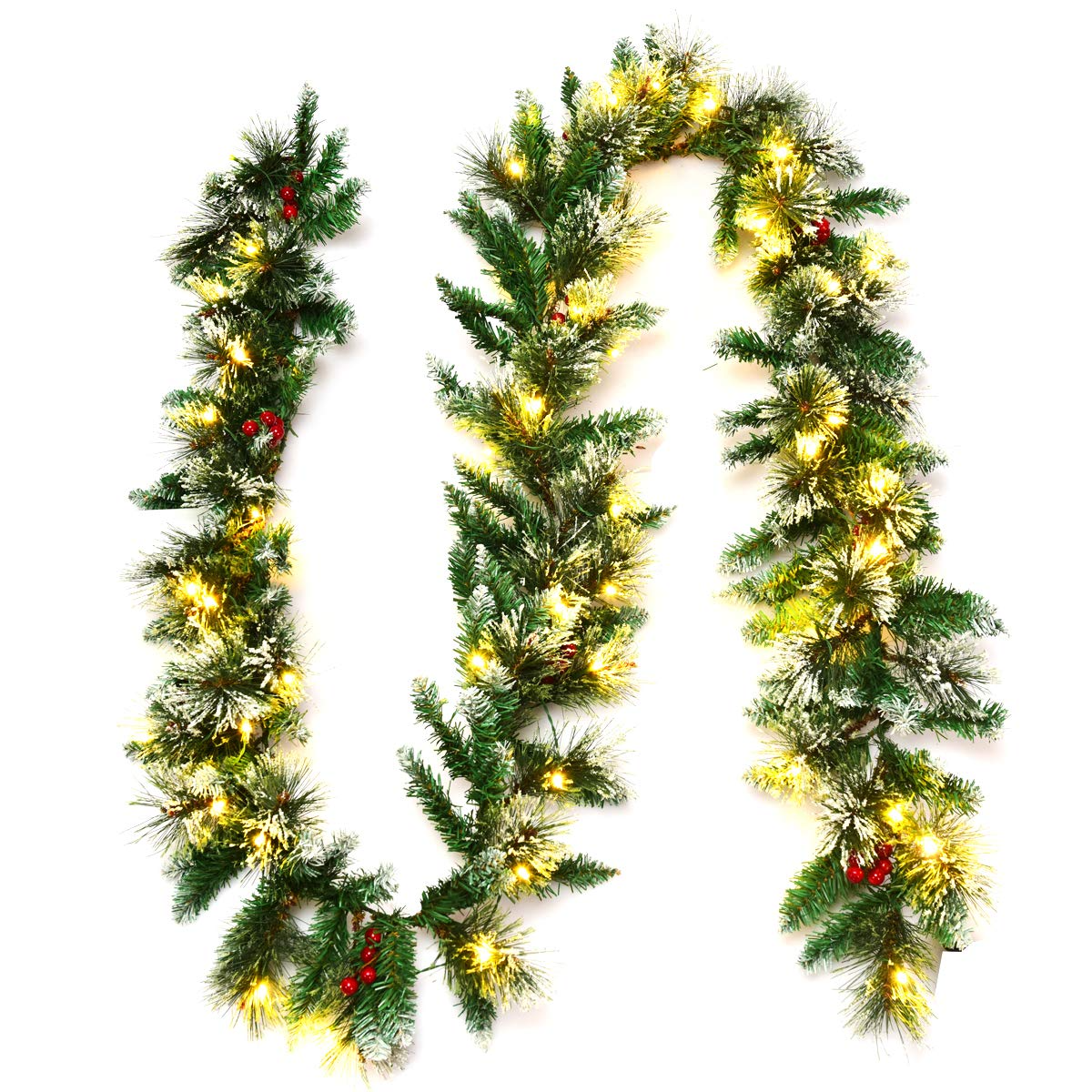 Goplus 9FT Pre-lit Christmas Garland, Artificial Christmas Pine Rattan w/Timer