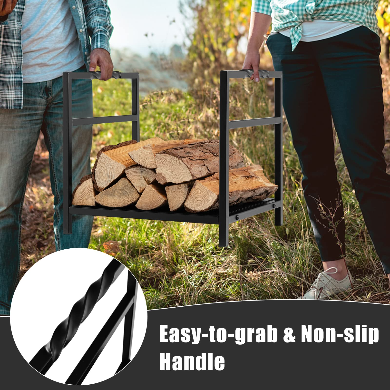 Goplus 16 Inch Small Firewood Rack, Indoor Outdoor Decorative Firewood Log Holder with Easy-to-Grab Handle & Raised Base