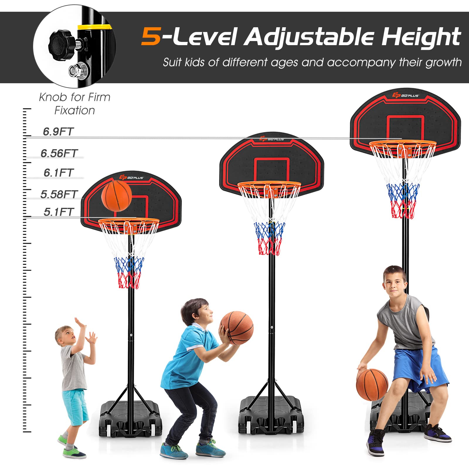 Goplus Portable Basketball Hoop Outdoor, 6.3FT-8.1FT Height Adjustable 5-Level Basketball Stand System with Shatterproof Backboard