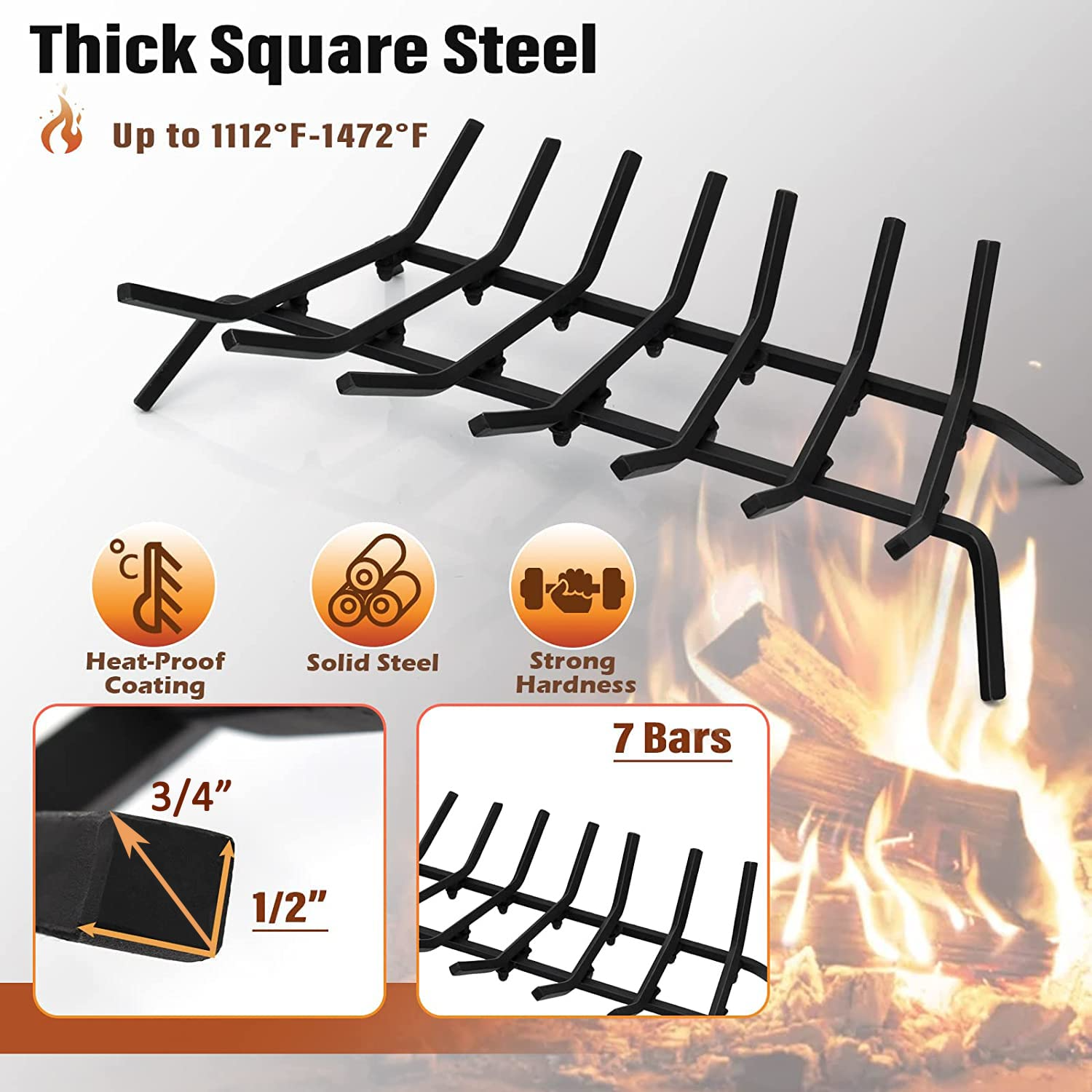 Goplus 31 Inch Fireplace Log Grate, Heavy Duty Steel Fireplace Log Holder with 3/4 Wide Solid Bars for Outdoor Kindling Tools Pit