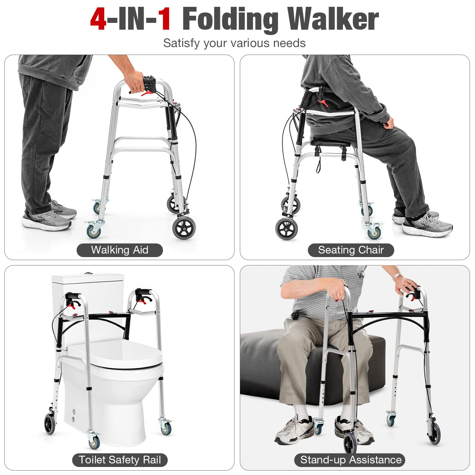 Goplus 2-Button Folding Walkers for Seniors, 4-in-1 Folding Walker