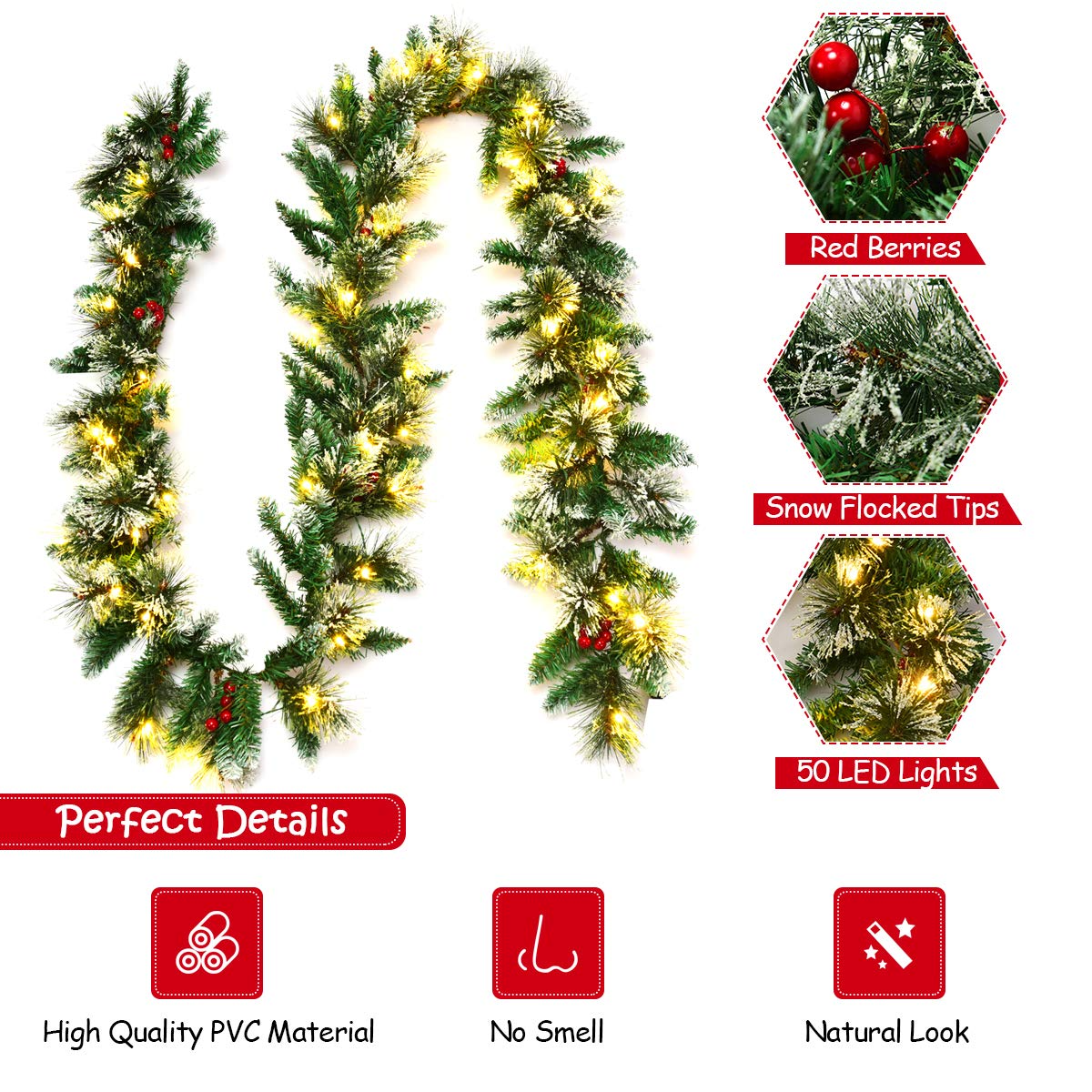 Goplus 9FT Pre-lit Christmas Garland, Artificial Christmas Pine Rattan w/Timer