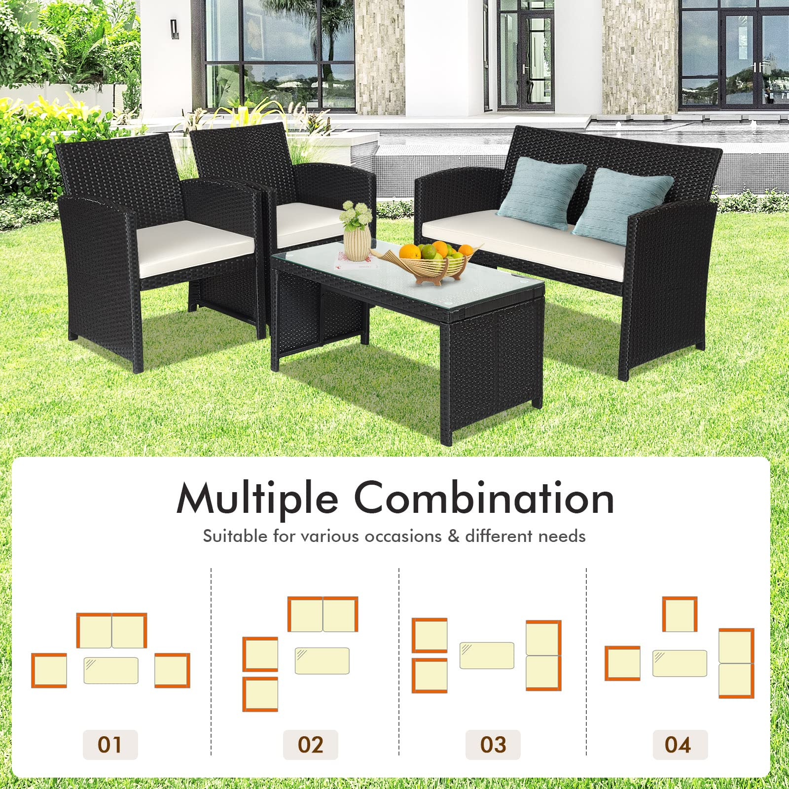 Rattan Patio Furniture Set, Outdoor Wicker Conversation Sofa