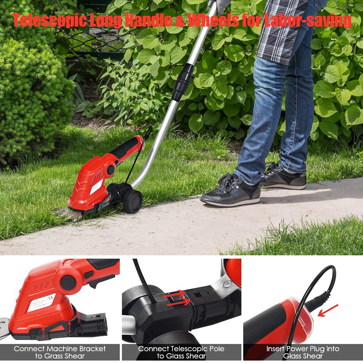 7.2V Cordless Grass Shear + Hedge Trimmer w/Wheeled Extension Pole and Rechargeable Battery