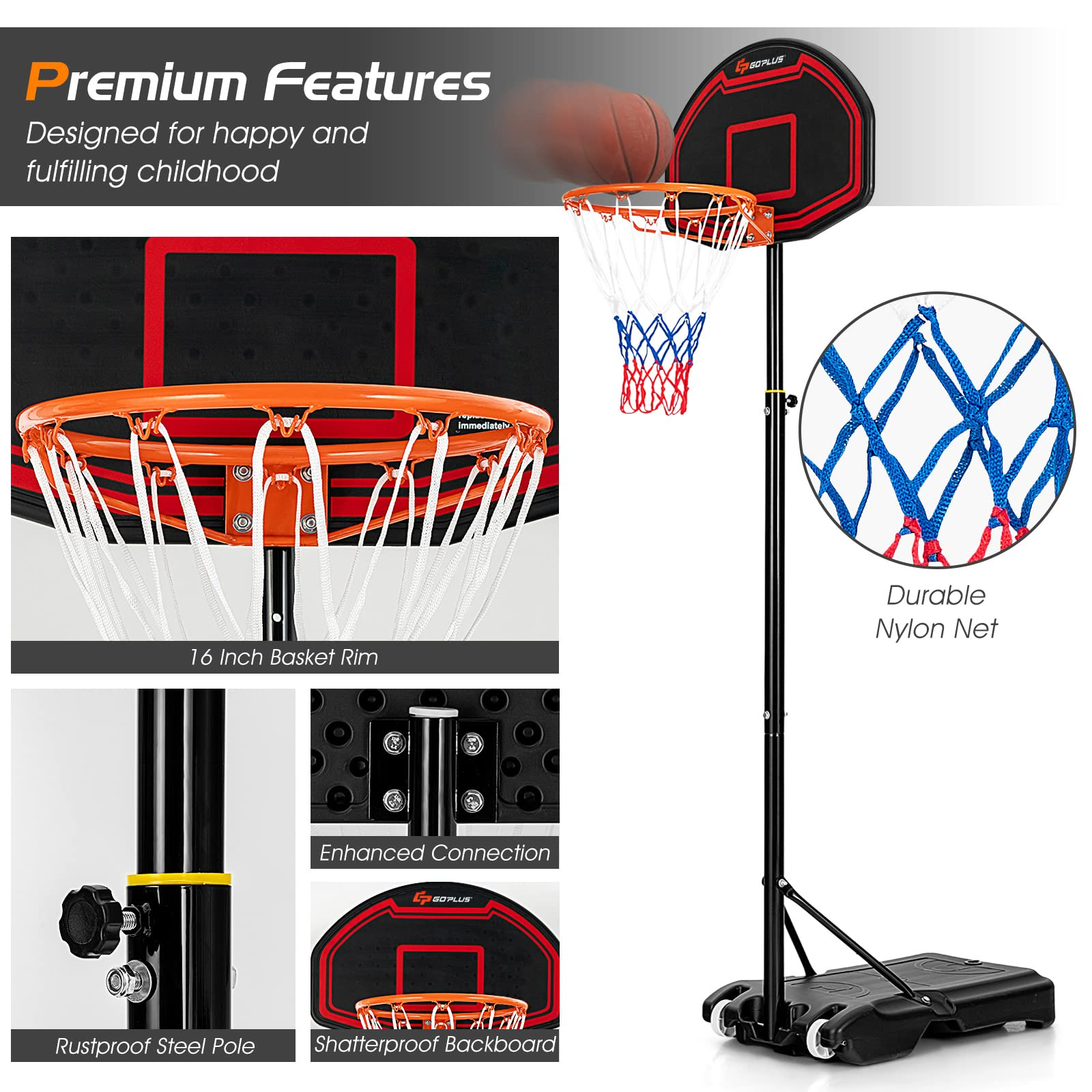 Goplus Portable Basketball Hoop Outdoor, 6.3FT-8.1FT