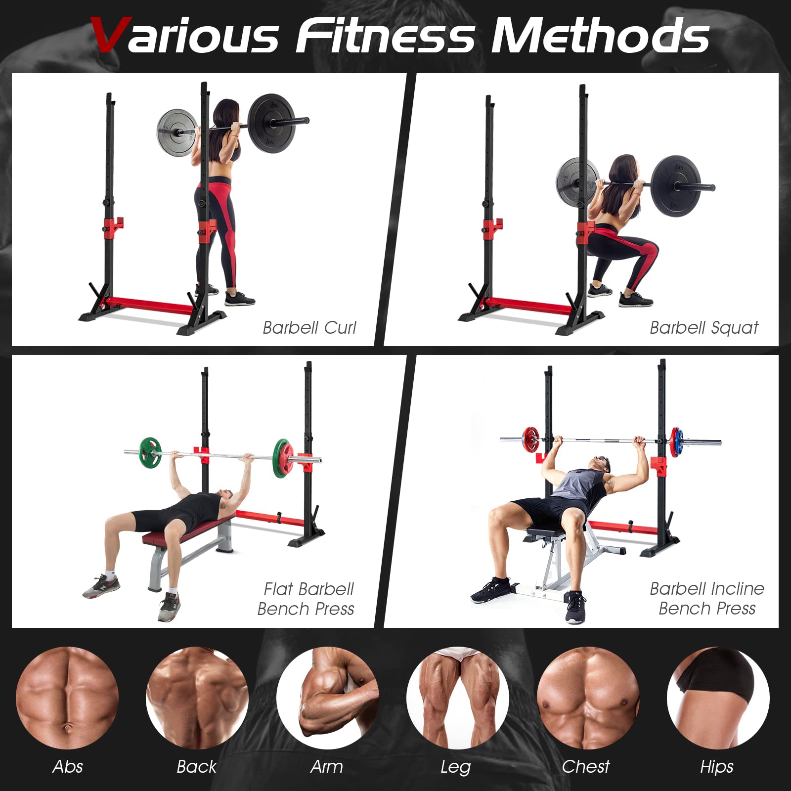 Adjustable Barbell Rack Stand, Multi-function Squat Rack Dip Station w/ Weight Plates Storage