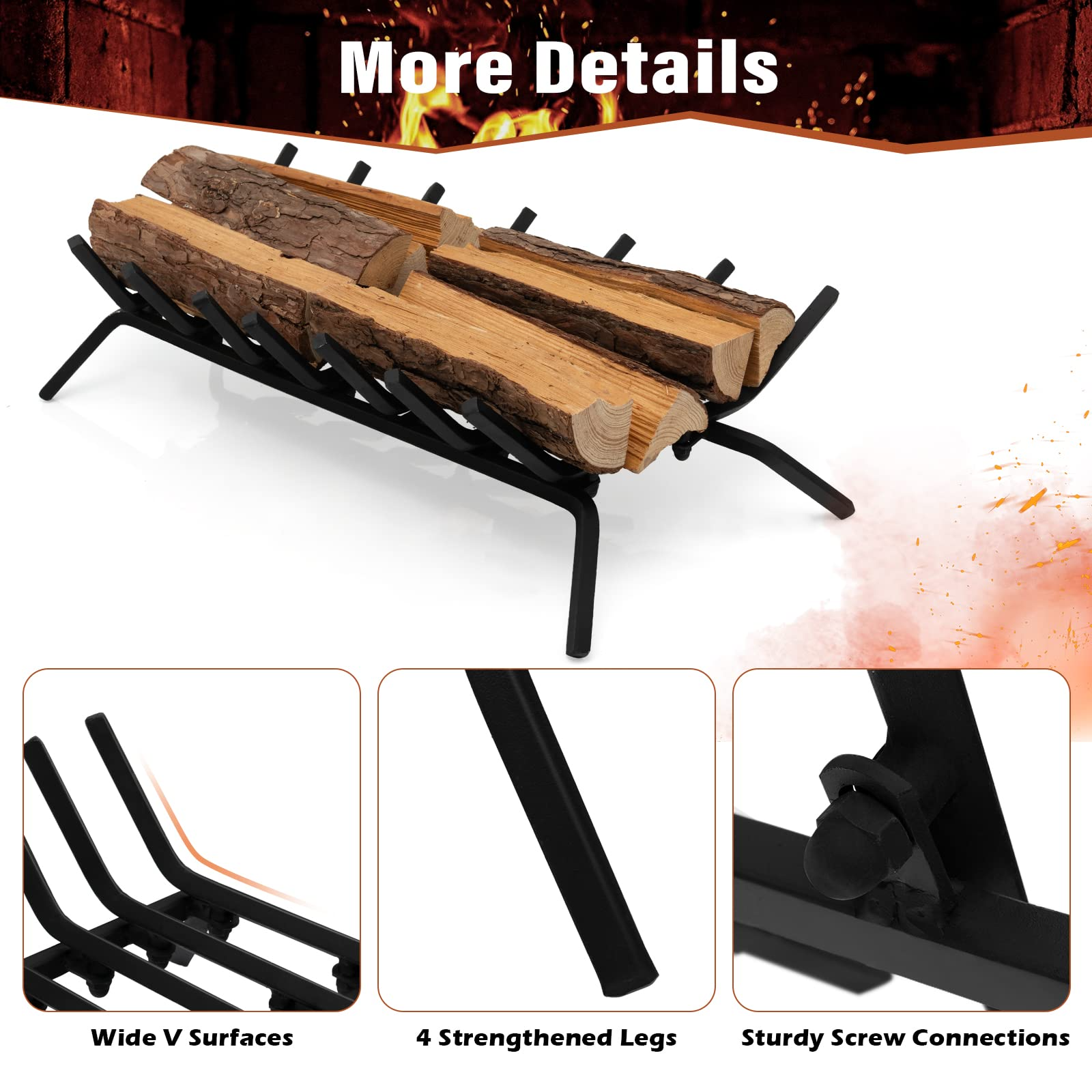 Goplus 31 Inch Fireplace Log Grate, Heavy Duty Steel Fireplace Log Holder with 3/4 Wide Solid Bars for Outdoor Kindling Tools Pit