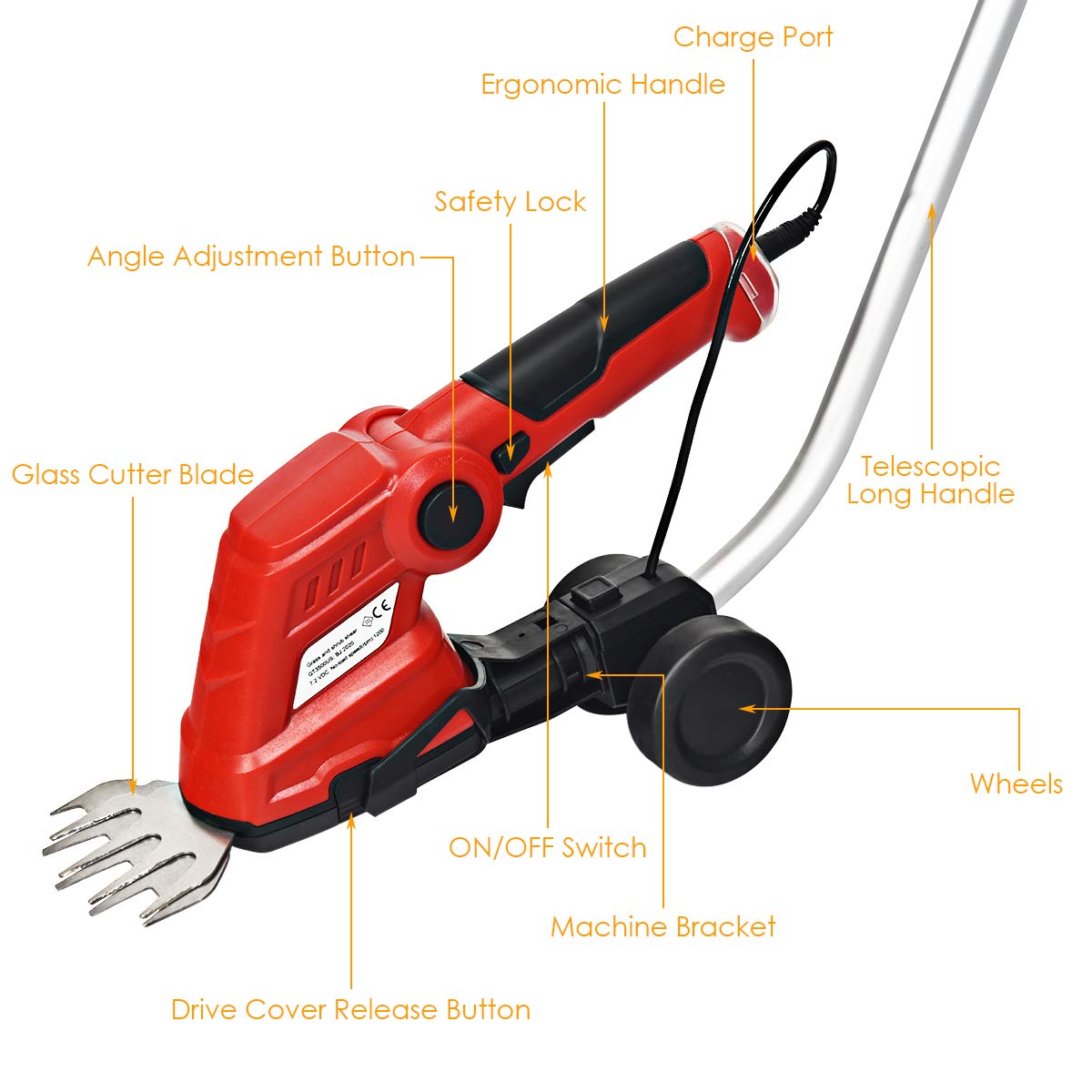 7.2V Cordless Grass Shear + Hedge Trimmer w/Wheeled Extension Pole and Rechargeable Battery