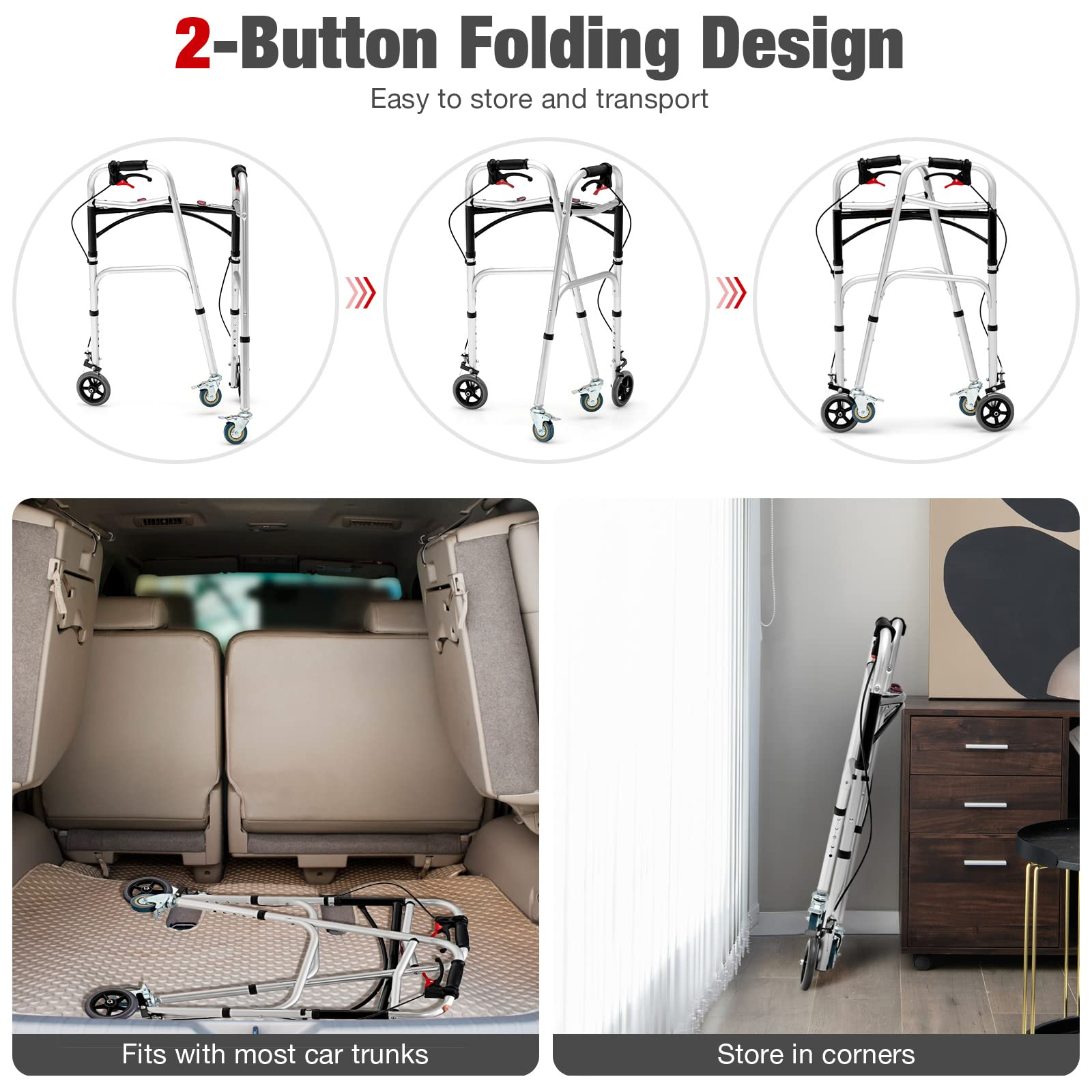 Goplus 2-Button Folding Walkers for Seniors, 4-in-1 Folding Walker