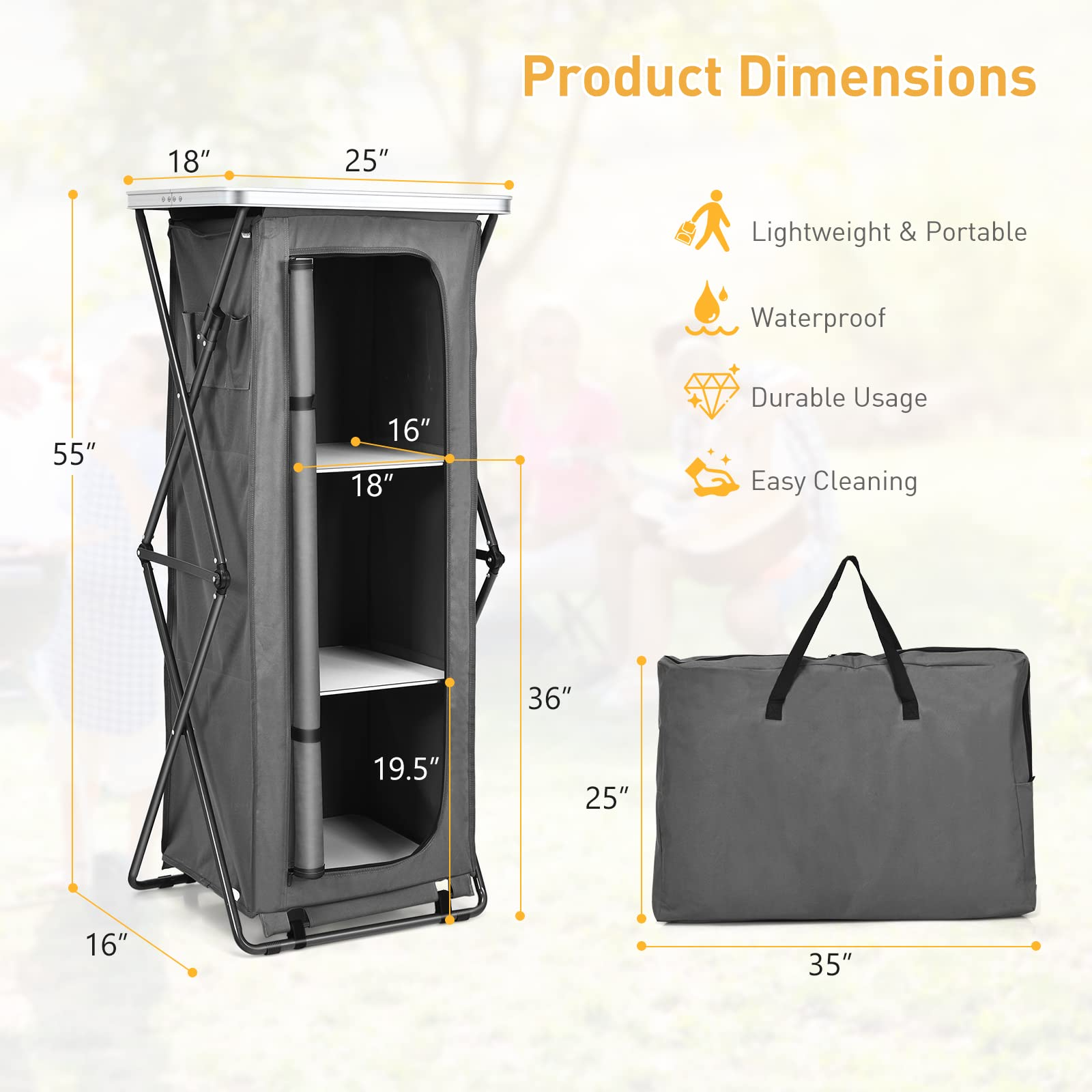 Goplus Folding Camping Storage Cabinet, Pop Up Outdoor Camping Kitchen Station with Large 3-Tier Storage Organizer