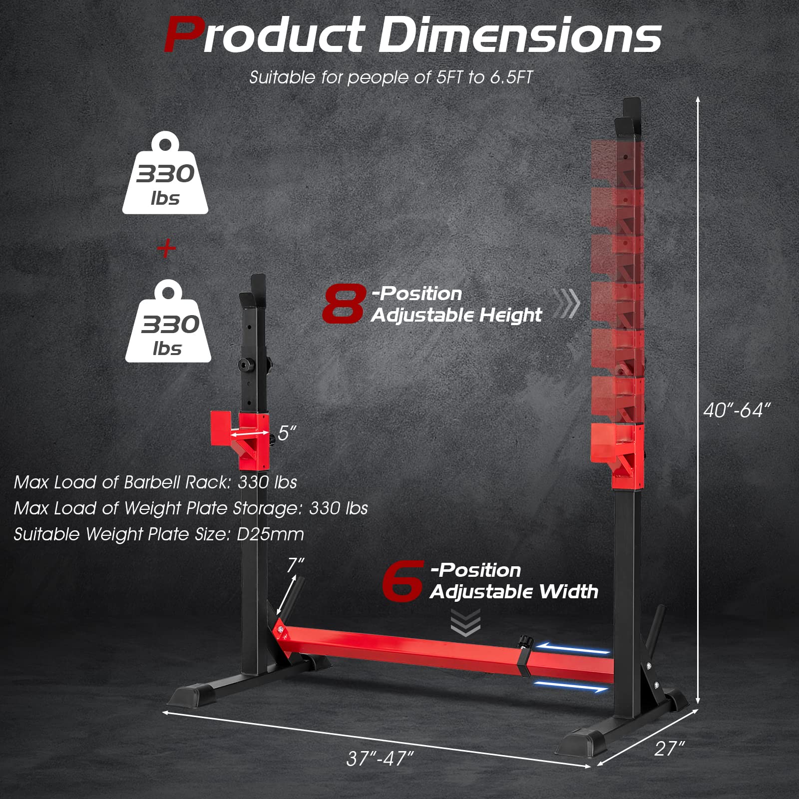 Adjustable Barbell Rack Stand, Multi-function Squat Rack Dip Station w/ Weight Plates Storage