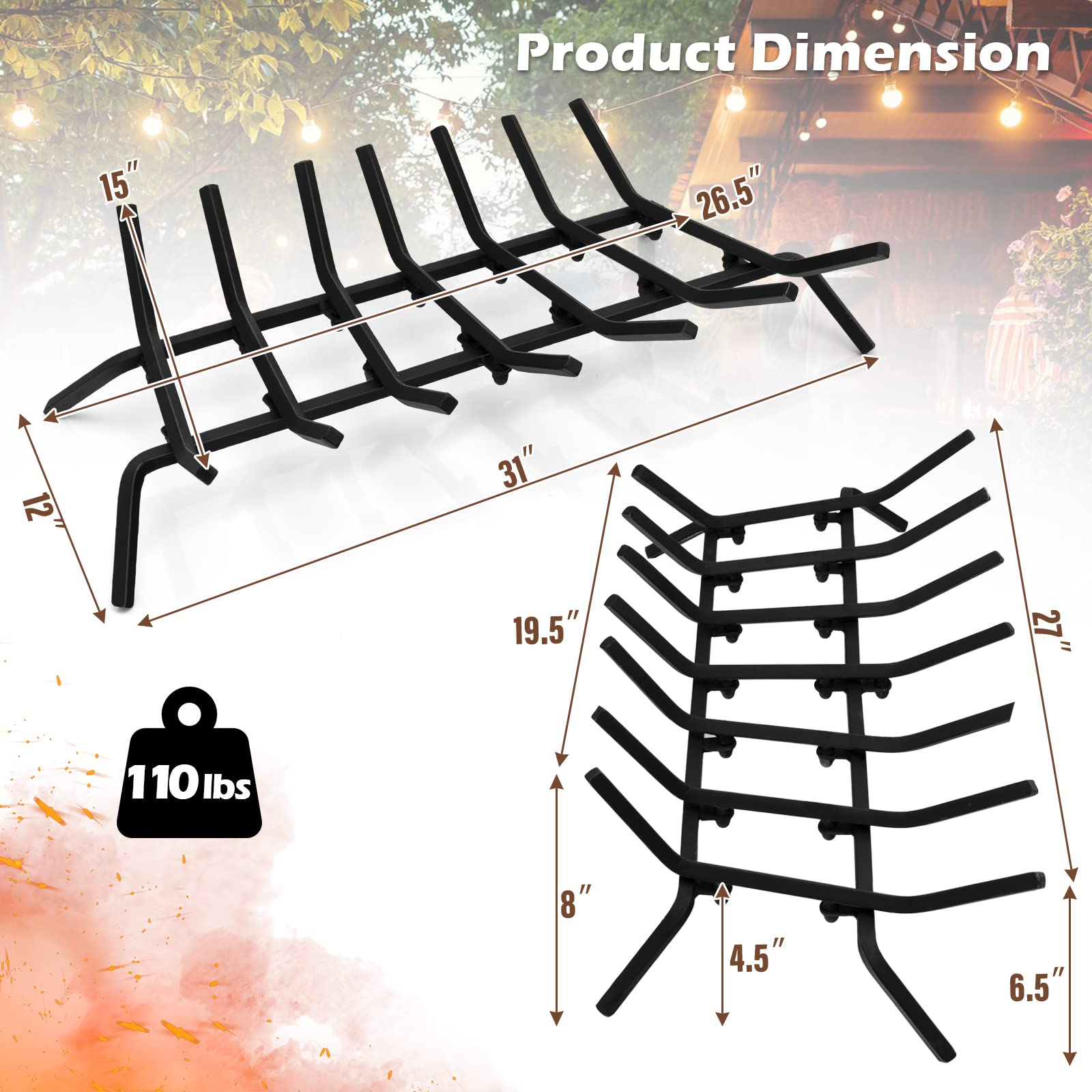 Goplus 31 Inch Fireplace Log Grate, Heavy Duty Steel Fireplace Log Holder with 3/4 Wide Solid Bars for Outdoor Kindling Tools Pit