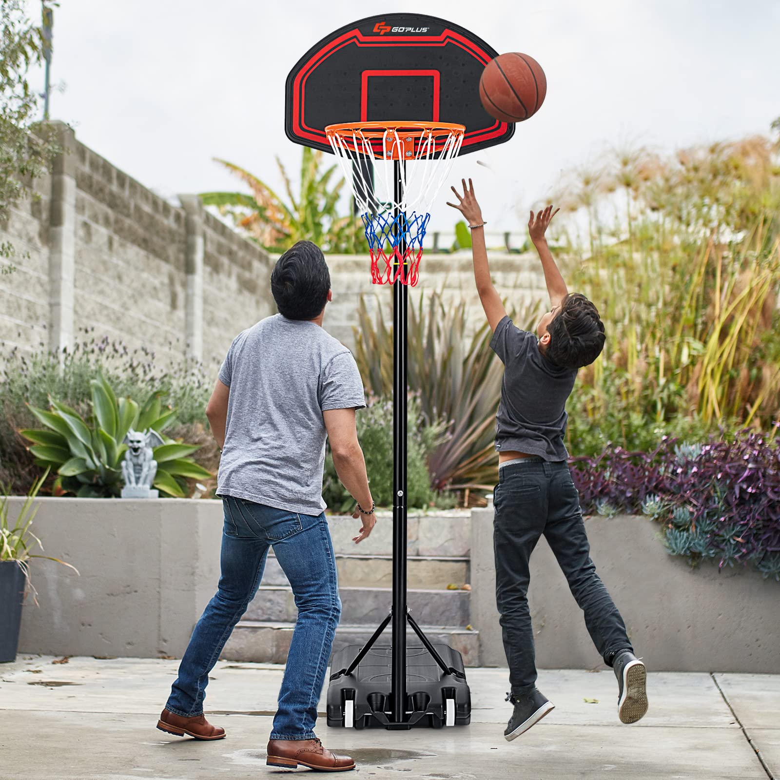 Goplus Portable Basketball Hoop Outdoor, 6.3FT-8.1FT Height Adjustable 5-Level Basketball Stand System with Shatterproof Backboard