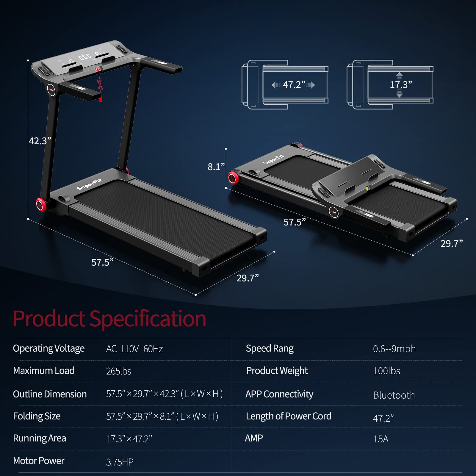 Goplus 3.75HP Folding Treadmill, Freestanding Superfit Treadmill with APP, 12 Preset Programs