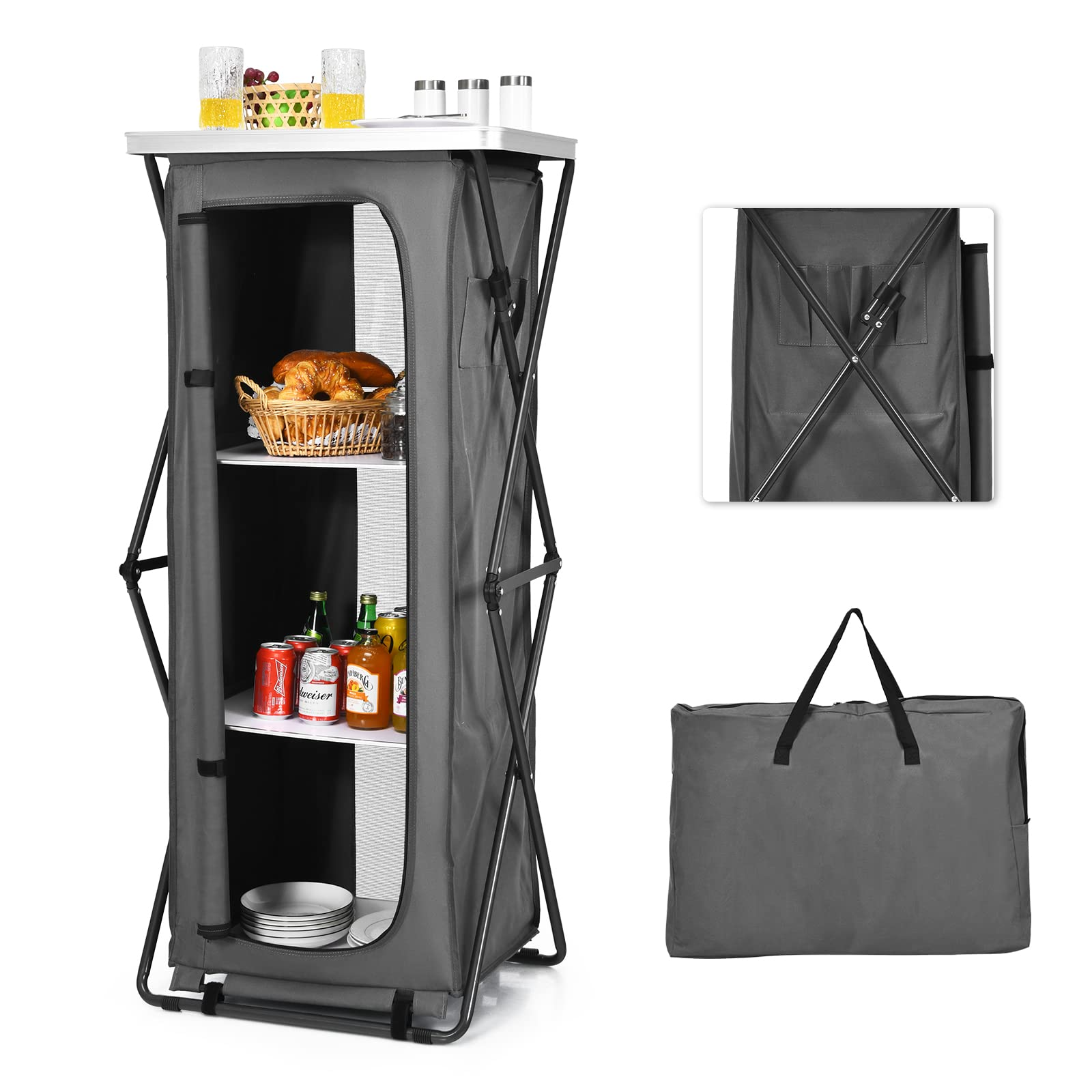 Goplus Folding Camping Storage Cabinet, Pop Up Outdoor Camping Kitchen Station with Large 3-Tier Storage Organizer
