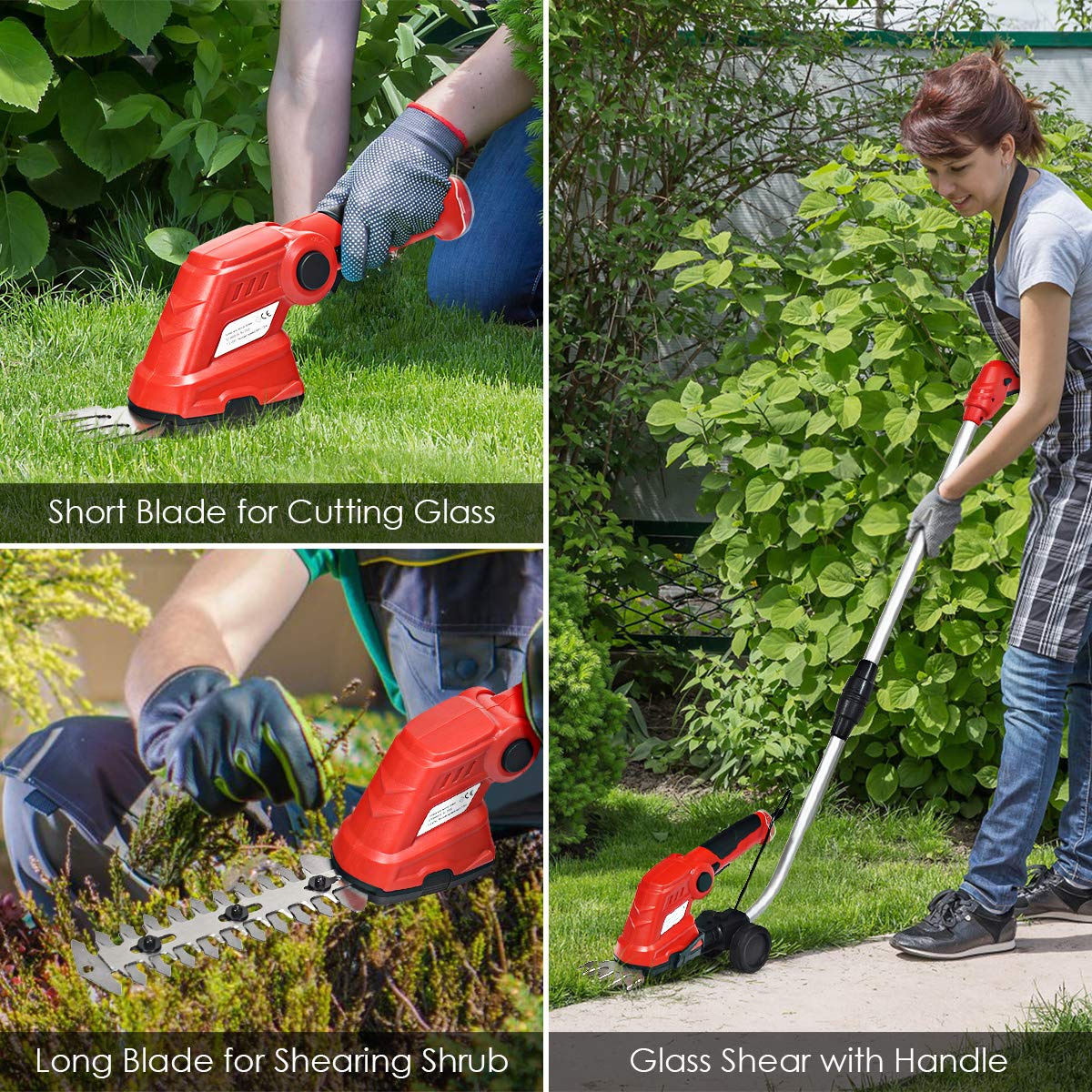 7.2V Cordless Grass Shear + Hedge Trimmer w/Wheeled Extension Pole and Rechargeable Battery