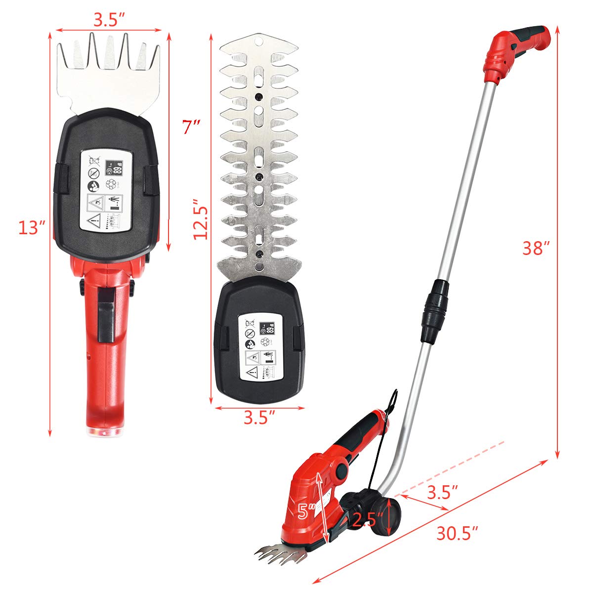 7.2V Cordless Grass Shear + Hedge Trimmer w/Wheeled Extension Pole and Rechargeable Battery