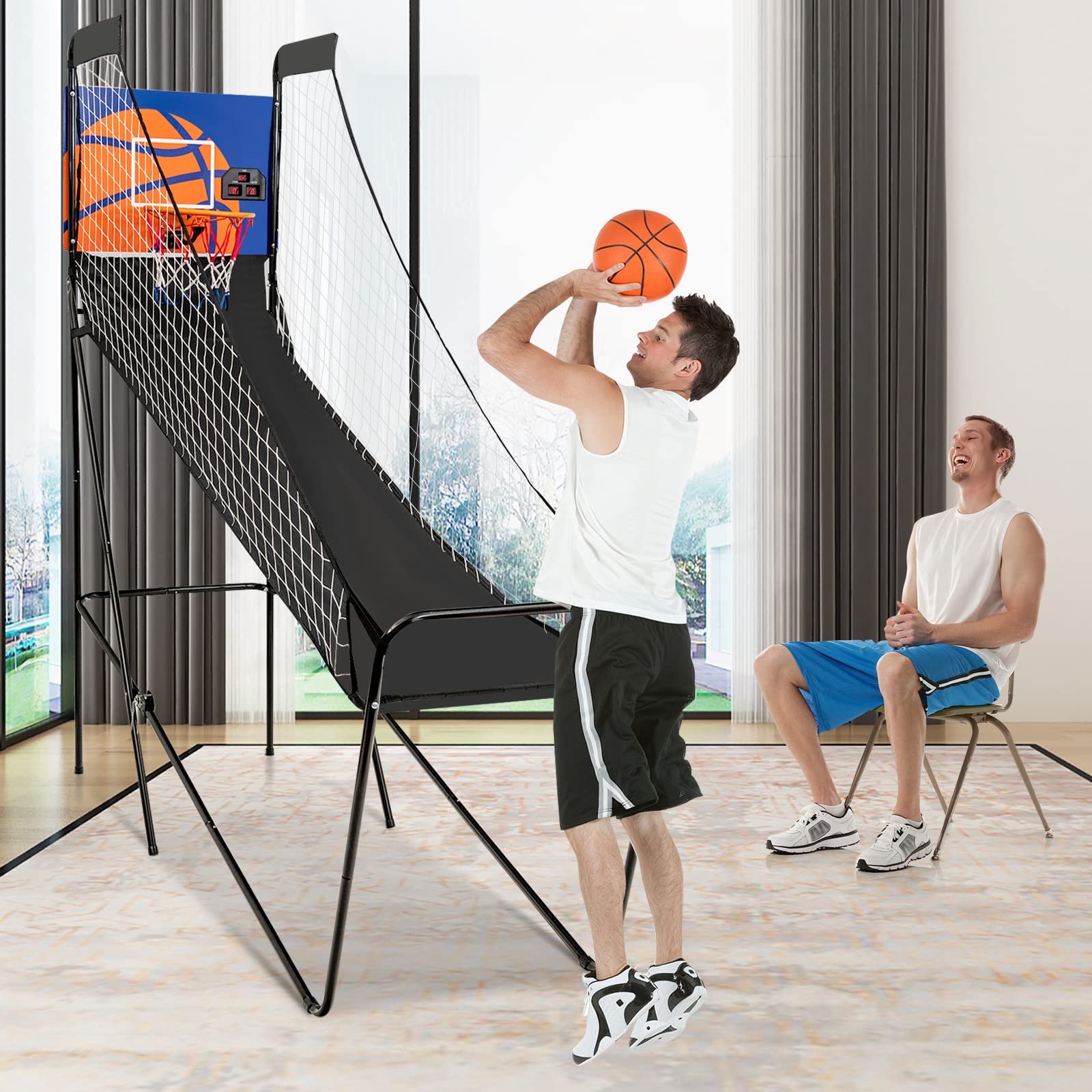 Goplus Foldable Indoor Basketball Arcade Game, Electronic Basketball Single Shootout Games Machine with 3 Balls