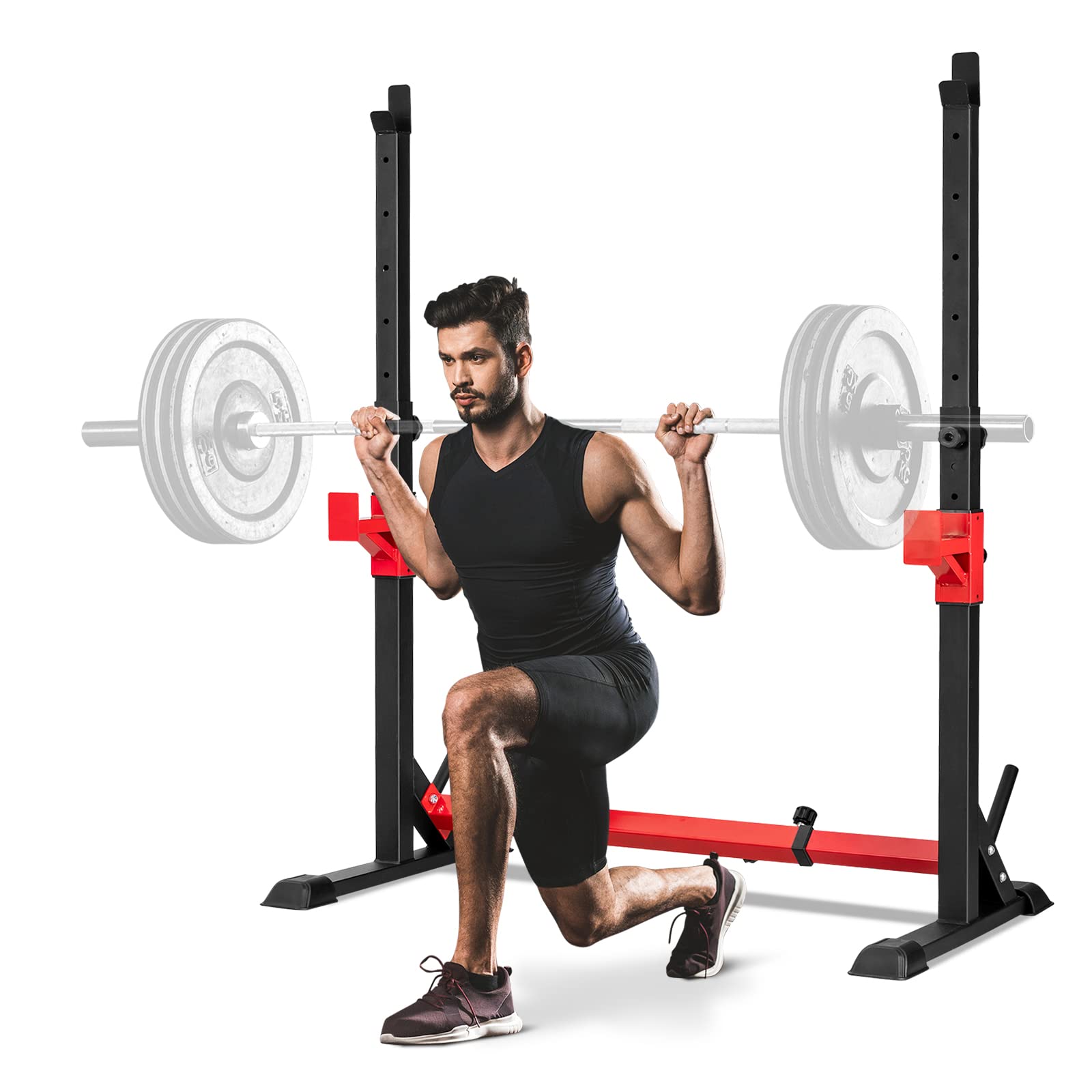 Adjustable Barbell Rack Stand, Multi-function Squat Rack Dip Station w/ Weight Plates Storage