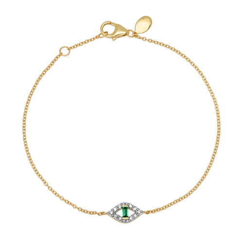 6.5" Pave Diamond and Emerald Baguette Evil Eye Bracelet in 14K Yellow Gold