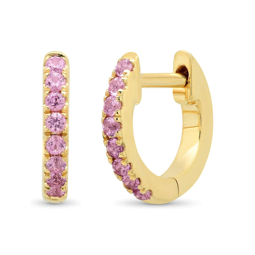 Mini Pink Sapphire Huggie Hoop Earrings in 14K Yellow Gold