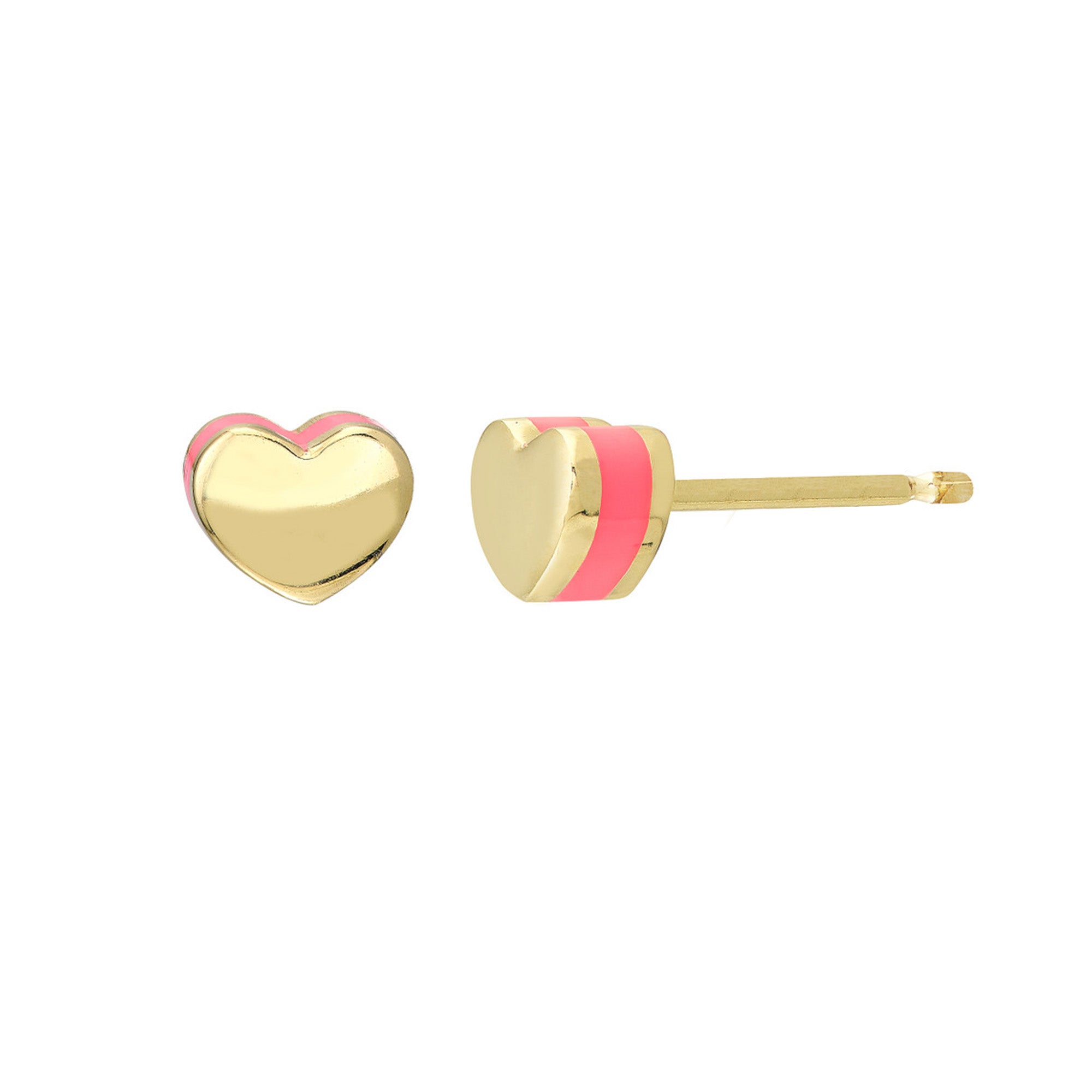 5mm Pink Enamel Heart Earrings in 14K Yellow Gold