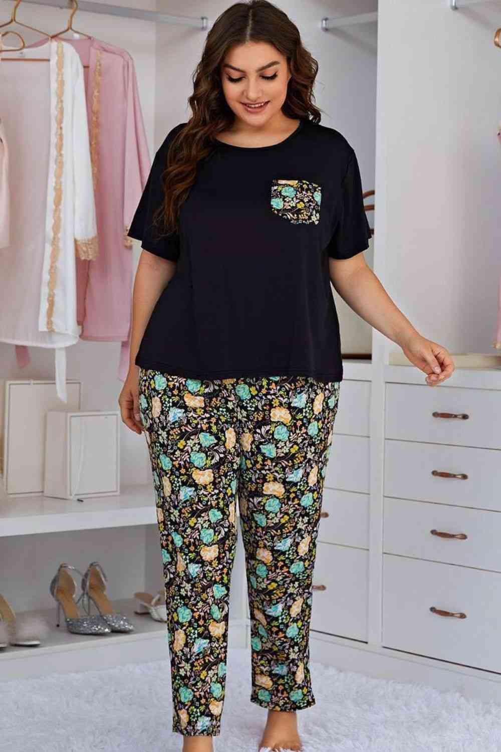 Plus Size Contrast Round Neck Tee and Floral Pants Lounge Set (2 Colors)