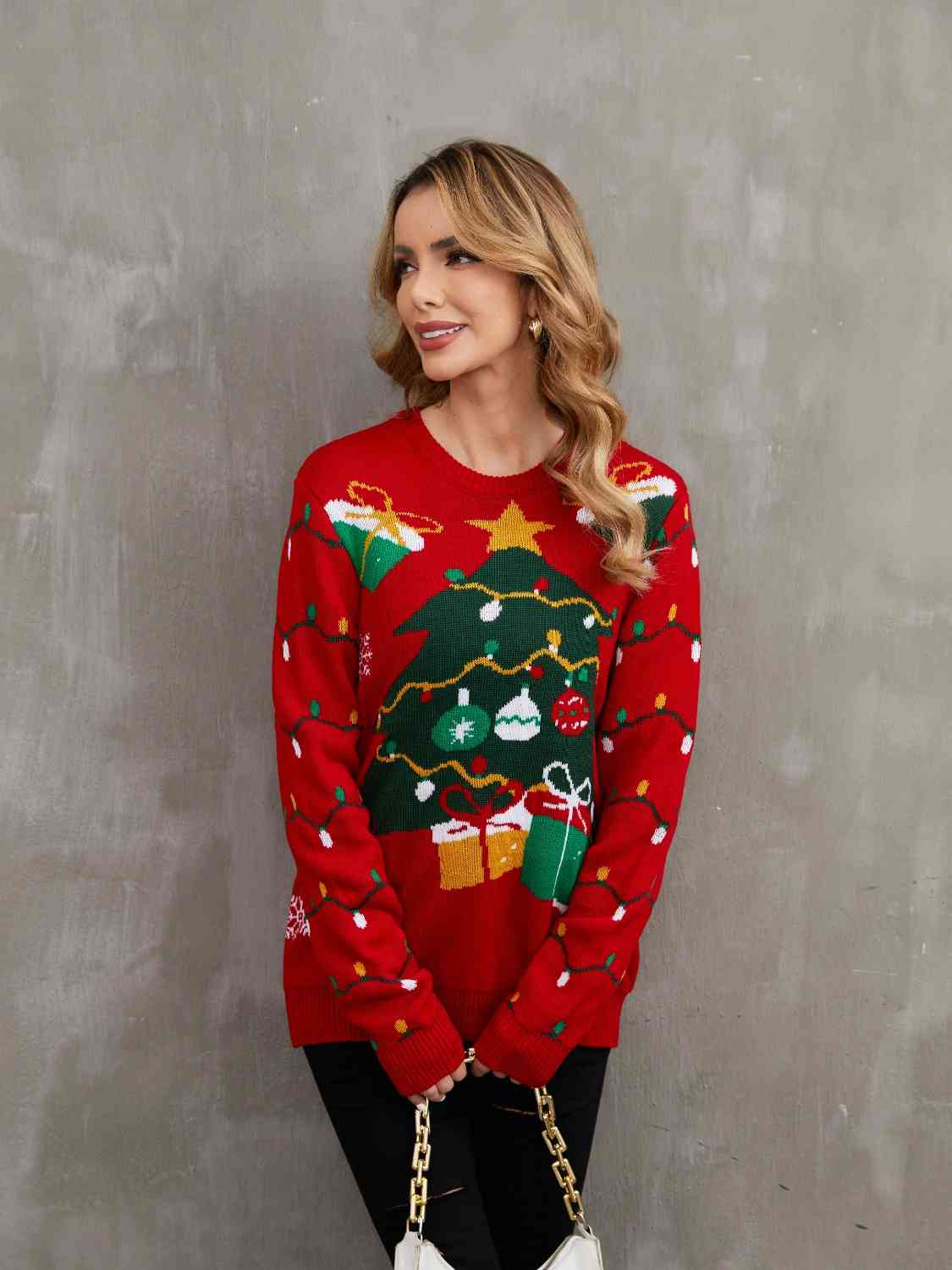 Christmas Tree & Present Theme Round Neck Sweater