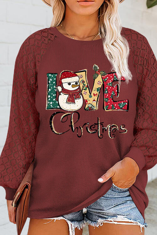Plus Size Love Christmas Waffle-Knit Lace Long Sleeve Sweatshirt