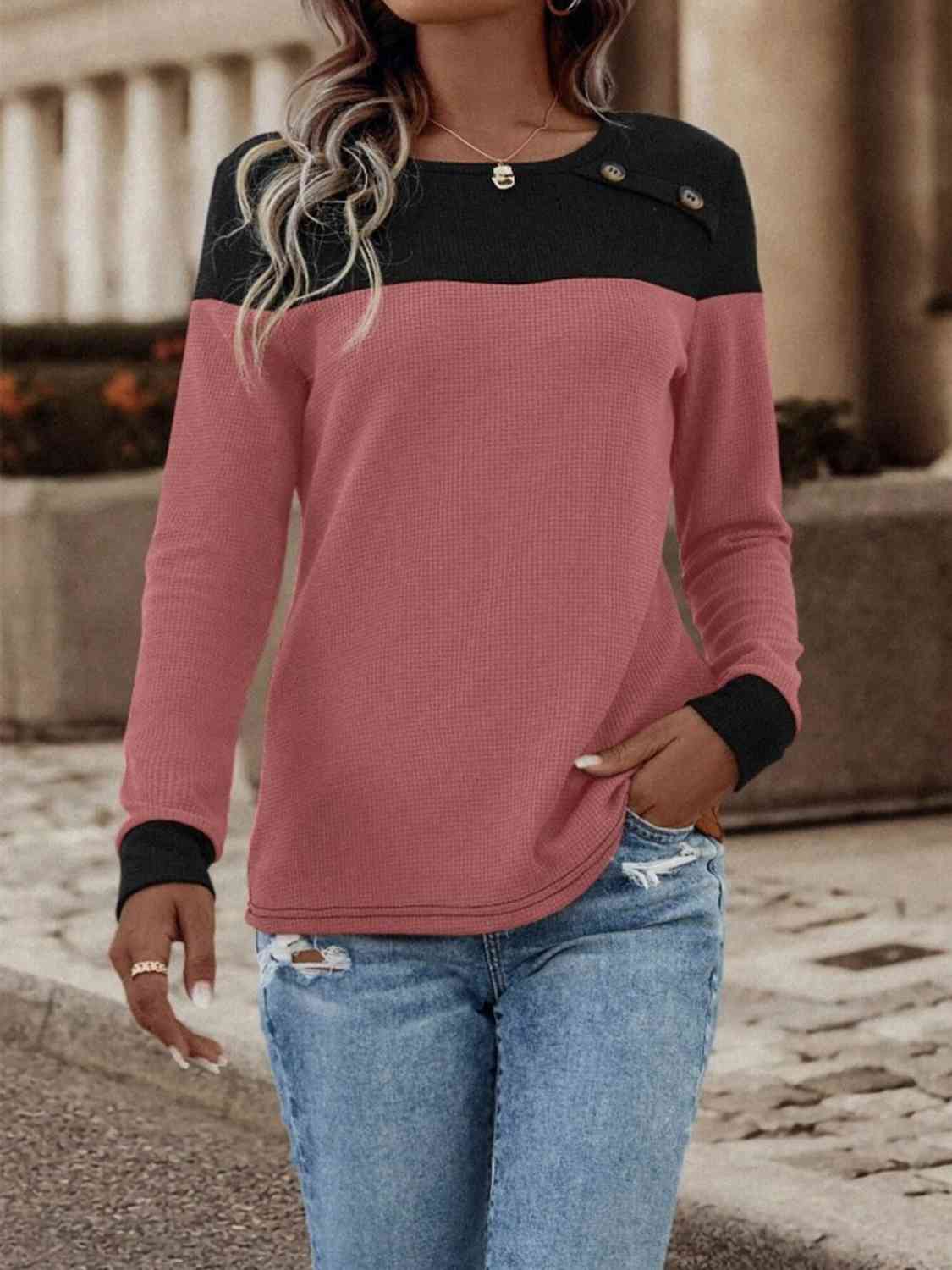 Contrast Color Buttoned Round Neck Long Sleeve Top (3 Colors)