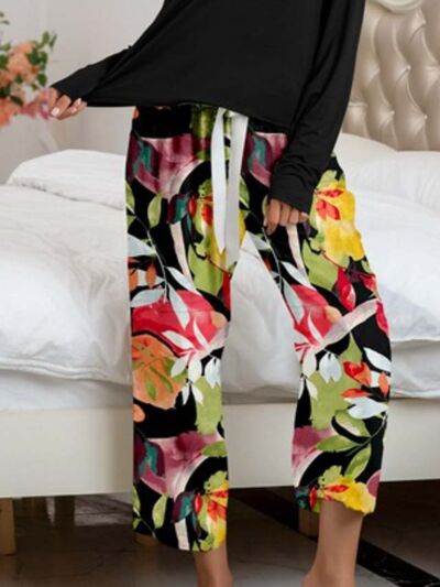 Round Neck Top and Printed Pants Lounge Set (9 Colors)