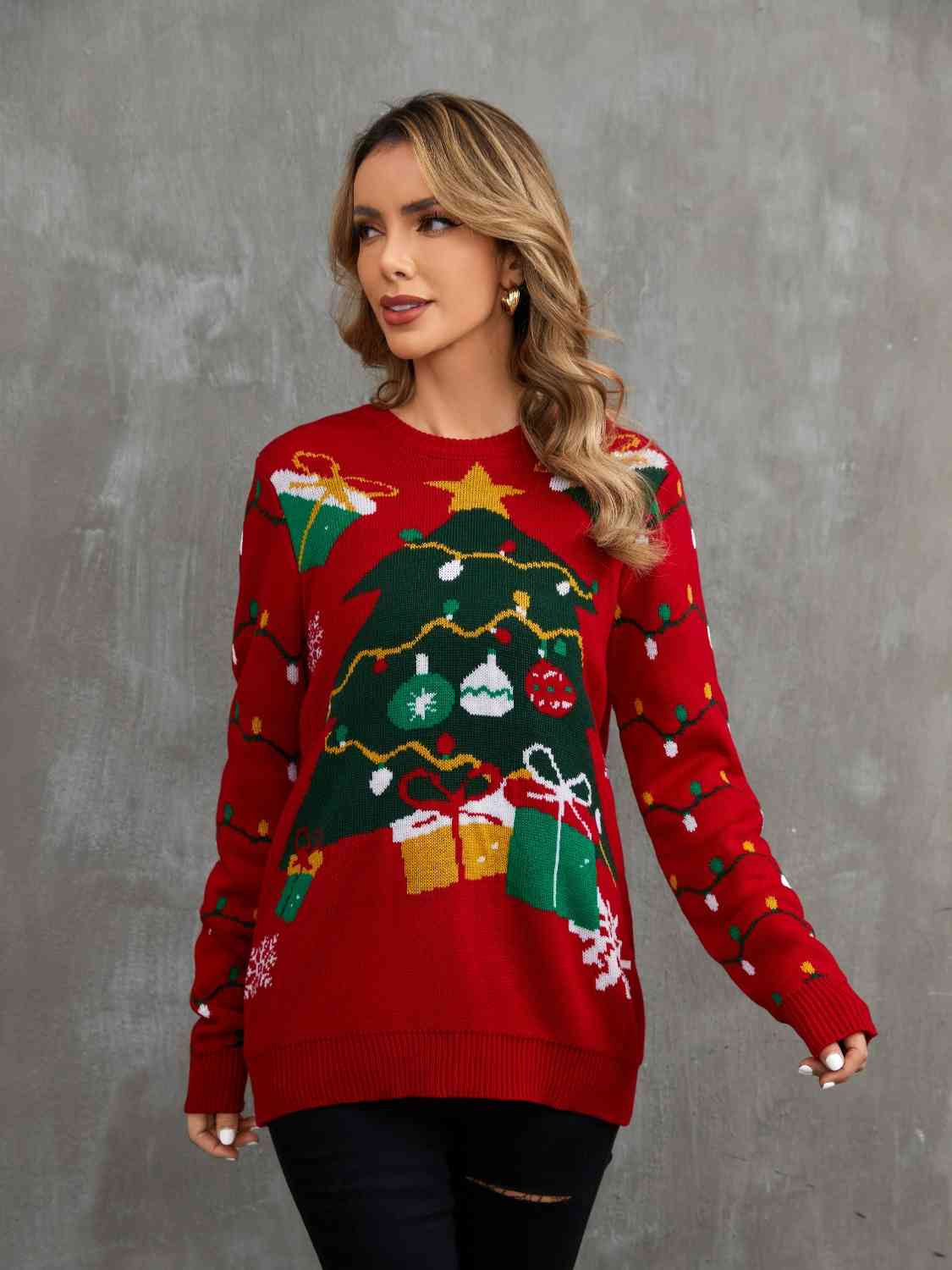 Christmas Tree & Present Theme Round Neck Sweater