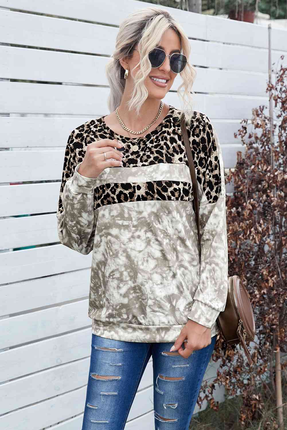 Tie-Dye Leopard Print Round Neck Sweatshirt