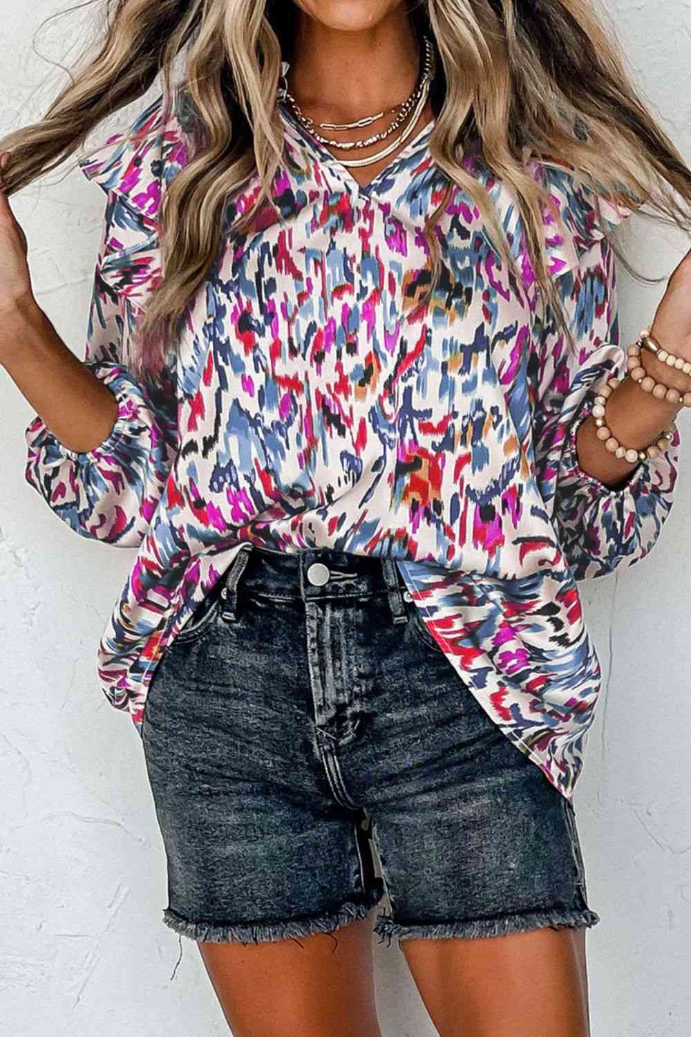 Printed Notched Neck Ruffled Blouse (3 Colors)