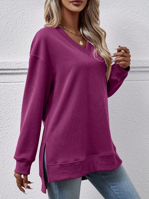V-Neck Slit Long Sleeve Sweatshirt (9 Colors)