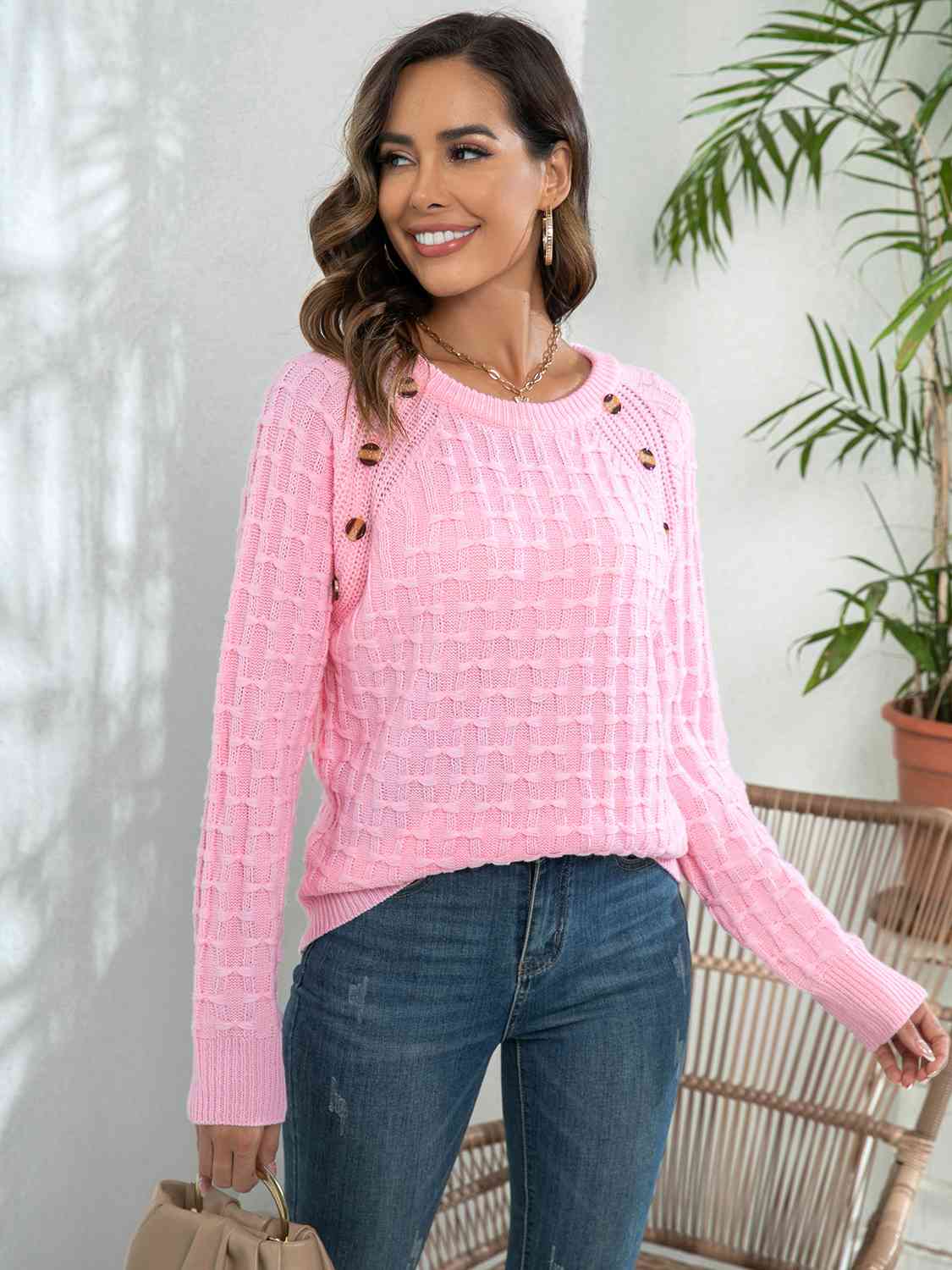 Decorative Button Long Sleeve Sweater (2 Colors)