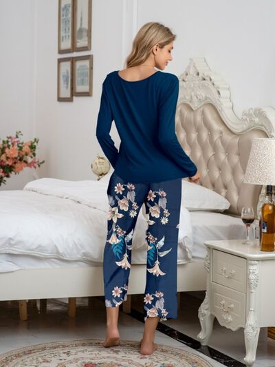 Round Neck Top and Printed Pants Lounge Set (9 Colors)