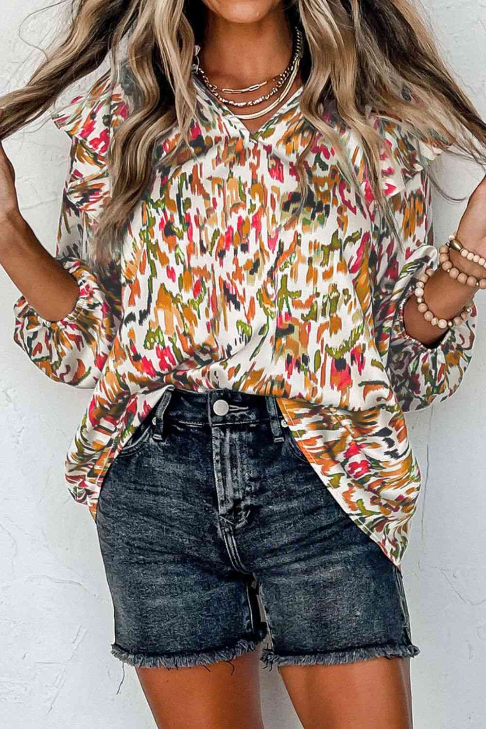 Printed Notched Neck Ruffled Blouse (3 Colors)