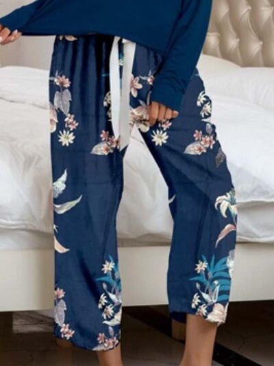 Round Neck Top and Printed Pants Lounge Set (9 Colors)