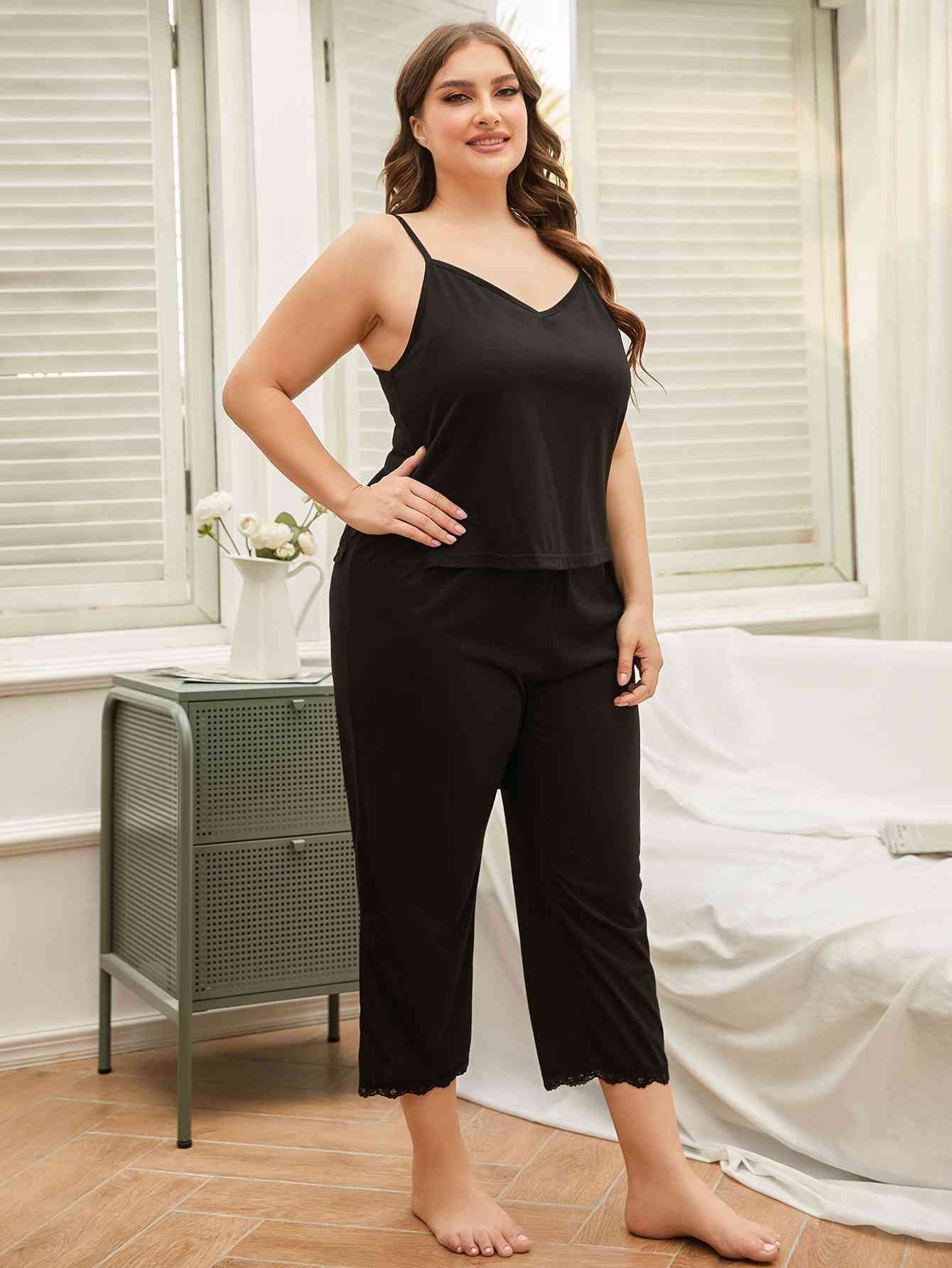 Plus Size Lace Trim Slit Cami and Pants Pajama Set (2 Colors)