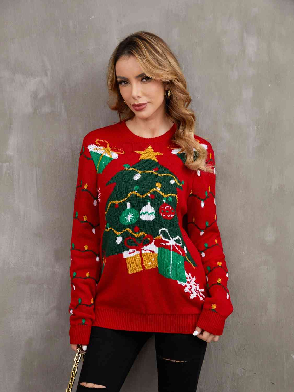 Christmas Tree & Present Theme Round Neck Sweater