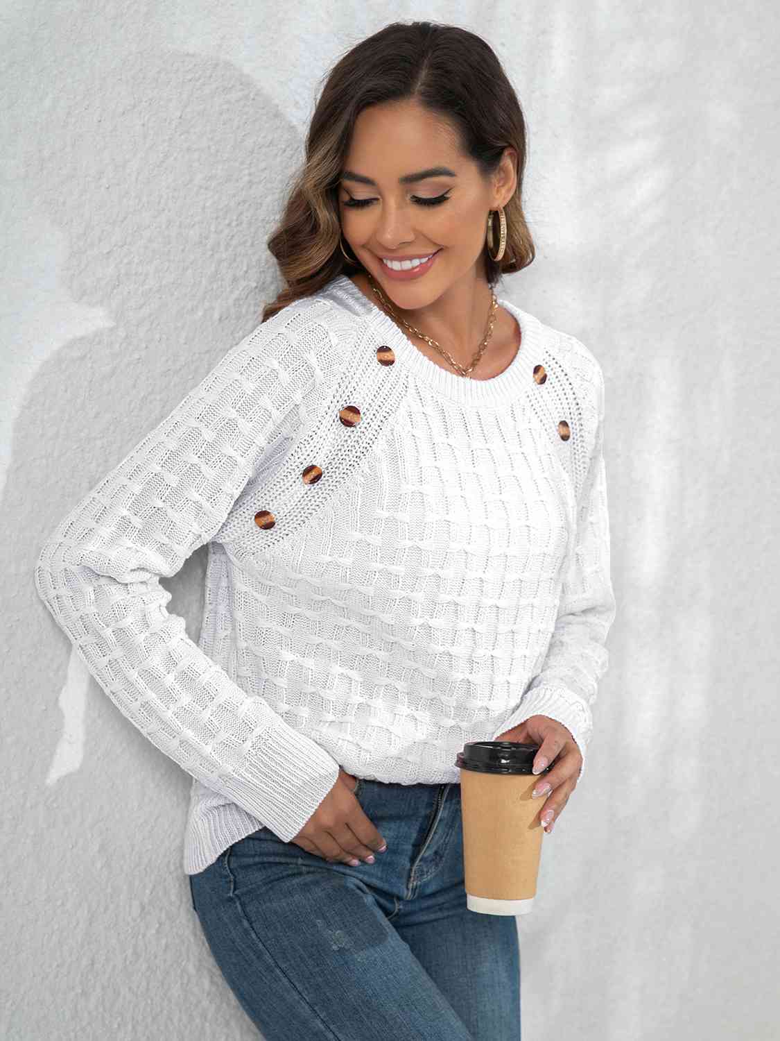 Decorative Button Long Sleeve Sweater (2 Colors)