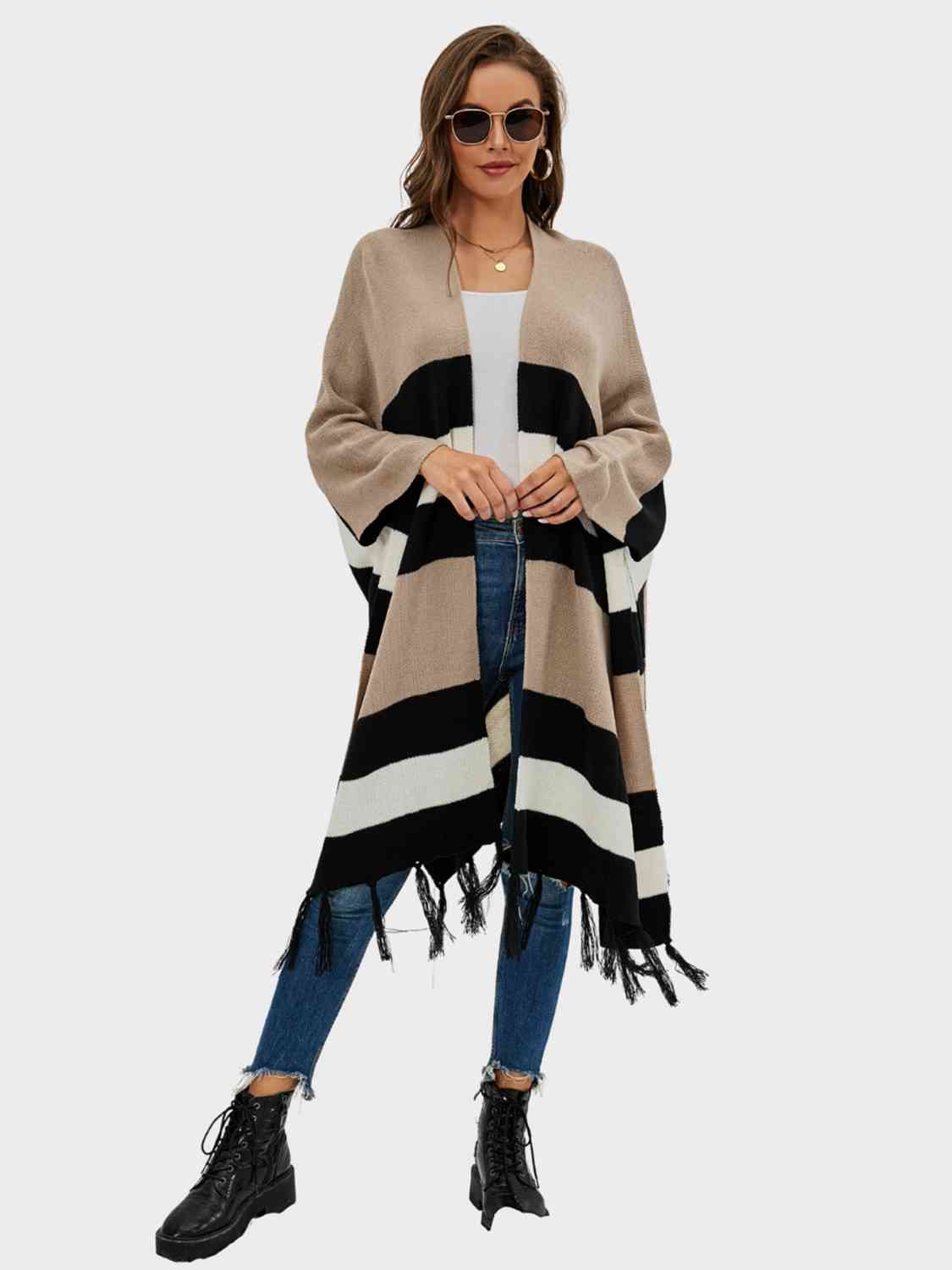 Striped Open Front Fringe Cardigan (2 Colors)