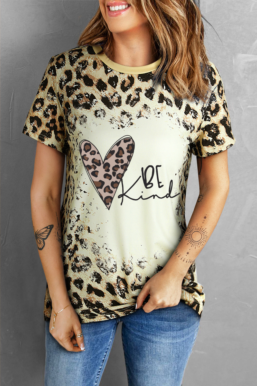 KHD BE KIND Heart Leopard Print Round Neck Tee