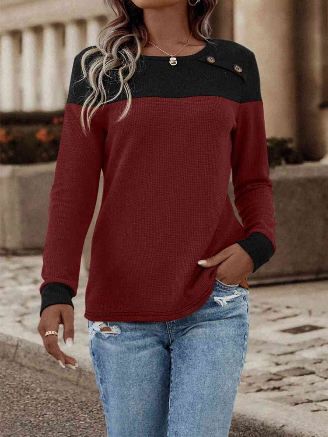 Contrast Color Buttoned Round Neck Long Sleeve Top (3 Colors)