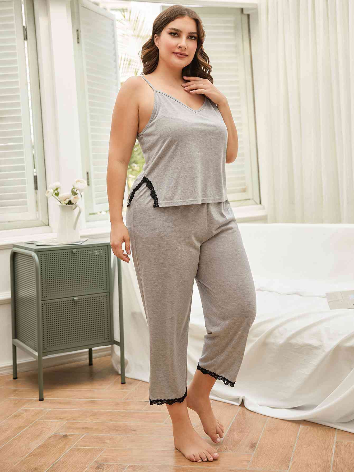 Plus Size Lace Trim Slit Cami and Pants Pajama Set (2 Colors)