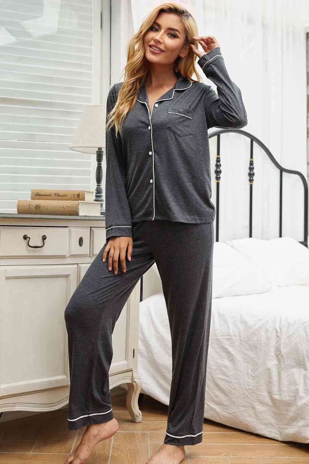 Contrast Piping Button Down Top and Pants Loungewear Set (2 Colors)